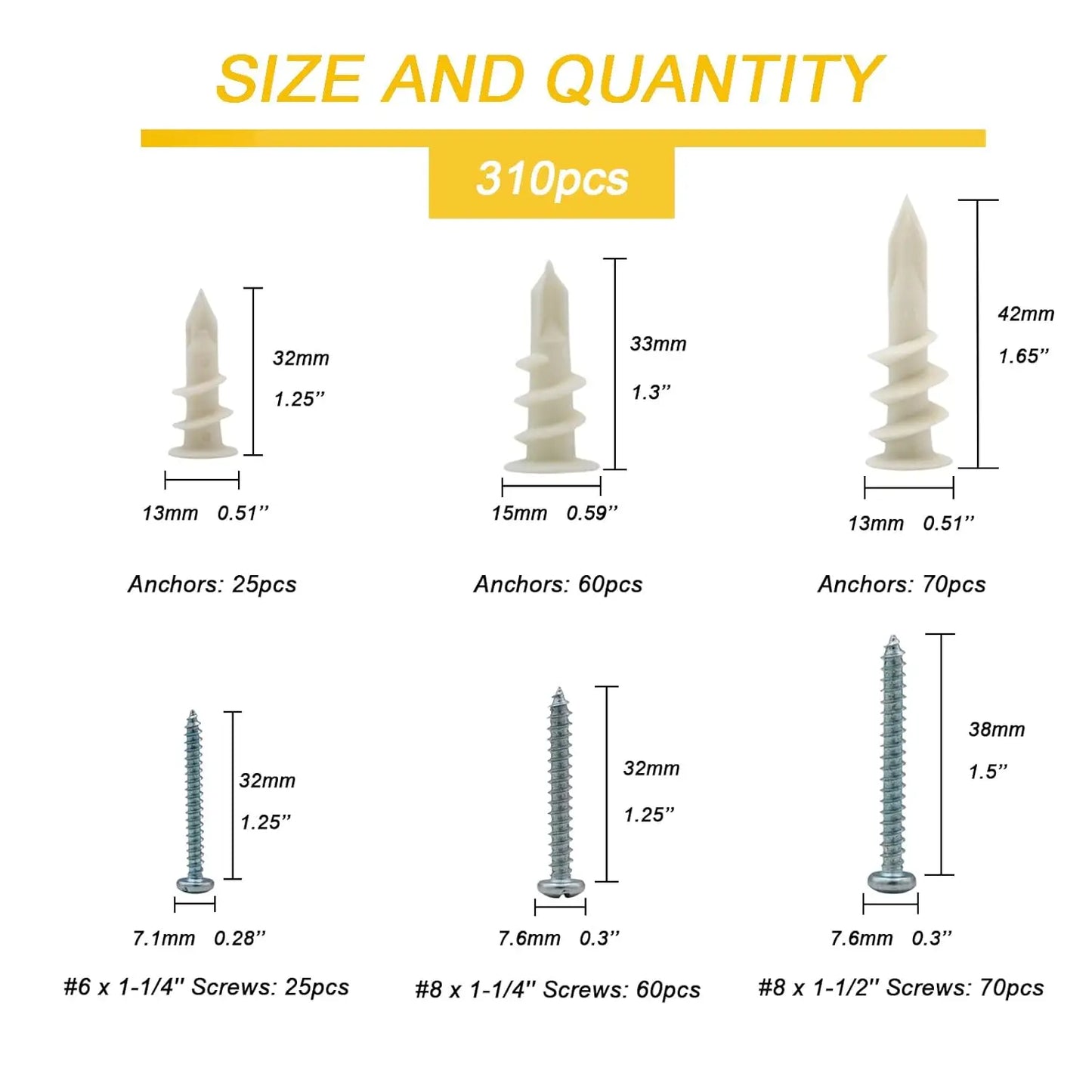 Nylon Drywall Anchors & Screws Set - 310PCS, Easy Install